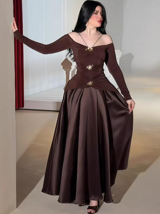 2025 Autumn European & American One-Shoulder Solid Color Long Dress for Women