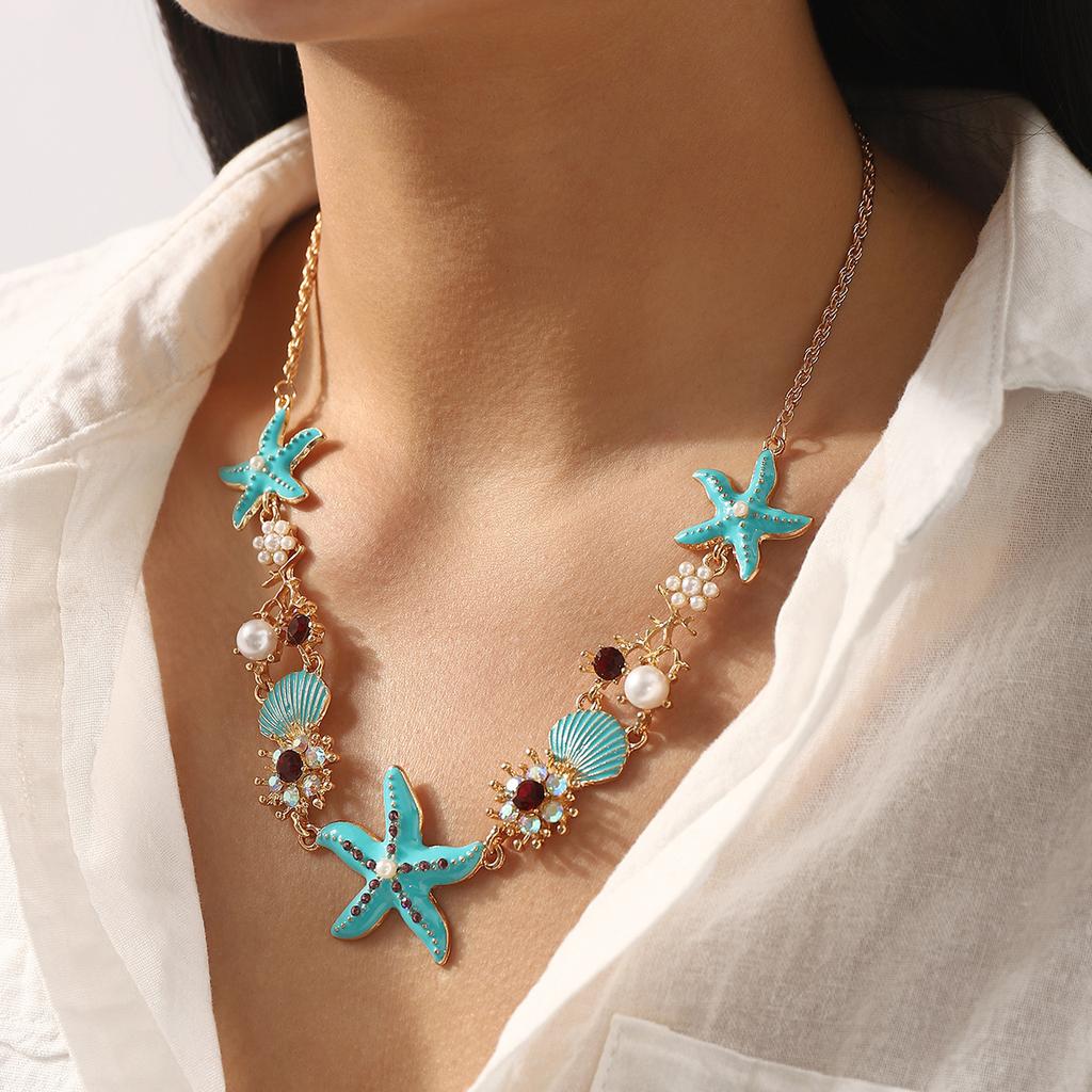 Summer Bohemian Wind Oil Drip Starfish Shell Necklace Beach Vacation Wind Diamond Pearl Collarbone Chain