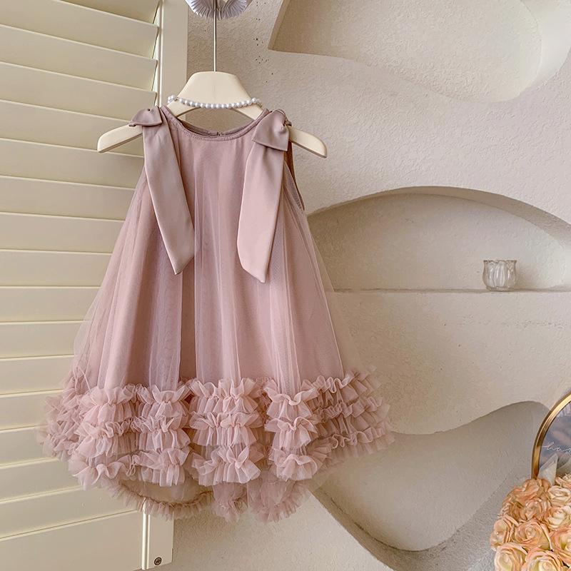 Abito da Principessa Estivo da Bambina Senza Maniche con Fiocco Tinta Unita Dolce Delicato Bambini