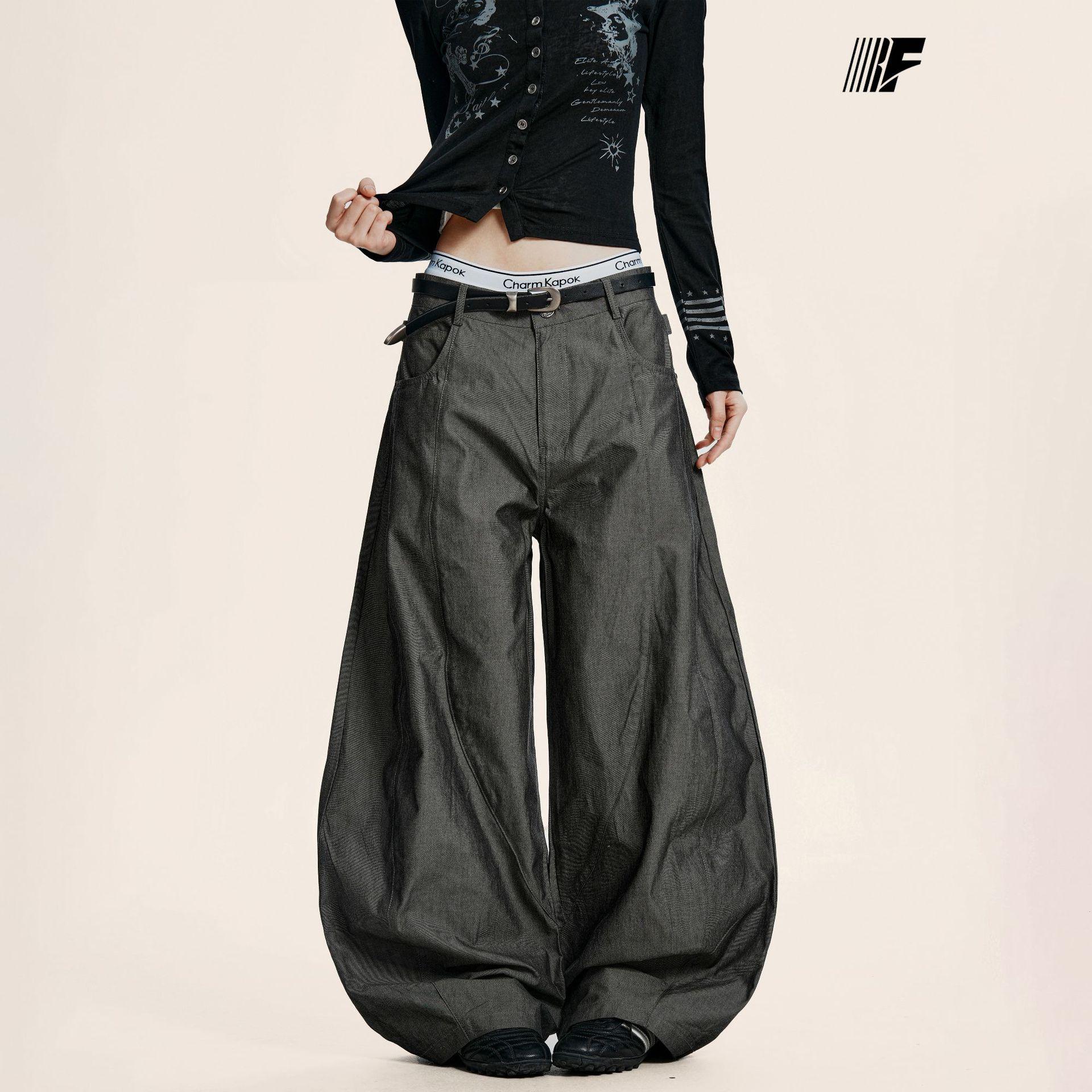 Yongfang Unisex Retro Silver-Stitched Gray Curved Knife Workwear Pants: Loose, High-Street Style, Thin Silhouette, Wide-Leg Design XL