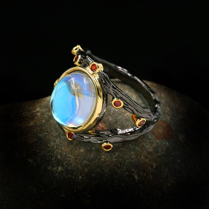 Fashion Line Art Winding Moonstone Double Layer Ladies Ring Italy Black Gold Two-tone Jewelry Ladies Ring 925  Jewelry