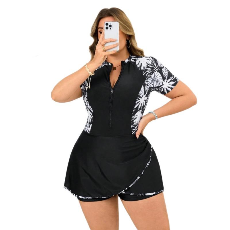 New European and American Printed Split Swimsuit Women's Short-sleeved Zipper Conservative Tankini Swimsuit Plus Size Swimsuit