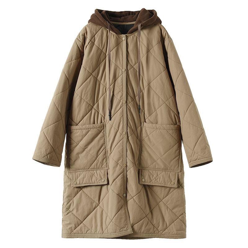 Vintage Dicke Kapuzenwattierte Jacke Frauen Neue Frühling Herbst Parkas Casual Mittellangen Warmen Baumwollmantel Weiblichen Lose Mantel