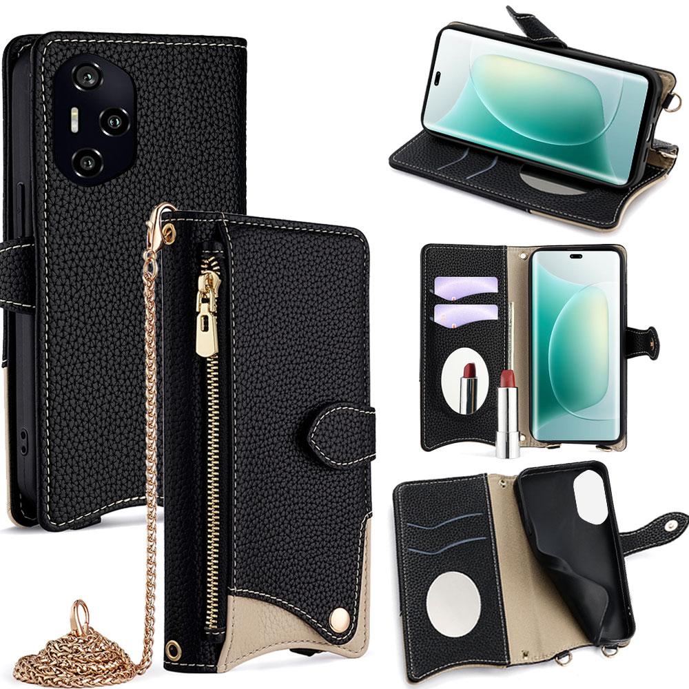 

Кожаный чехол-кошелек с подставкой для Honor 300 Pro, стиль «неровный хвост» с цепочкой-ремнем Black