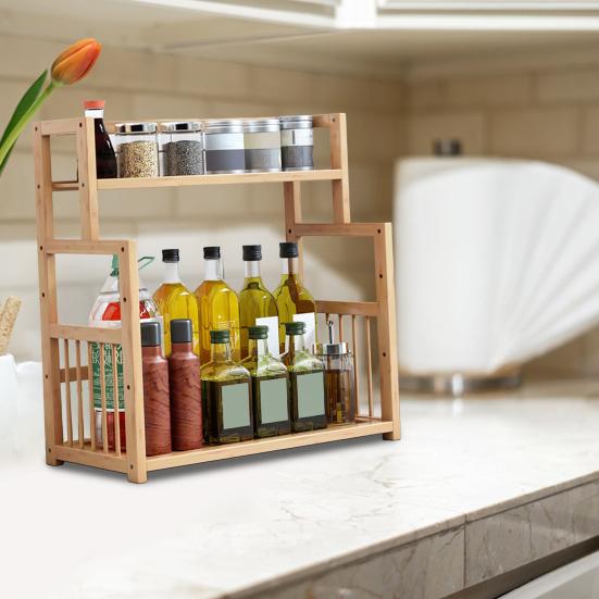 Yousheng 3-Tier Bamboo Spice Rack Seasoning Jars Holder Large Capacity Easy Assembly Kitchen Countertop Spice Bottle Container Organizer