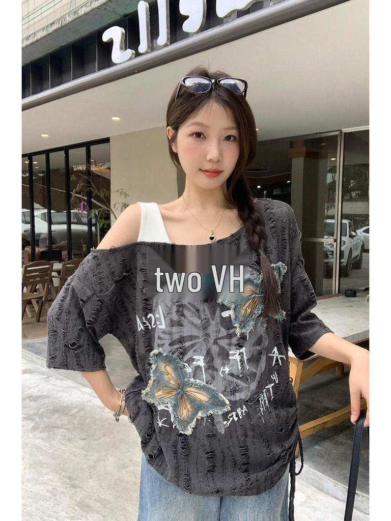 2025 Summer Chic Butterfly Off-Shoulder Women's Distressed Short Sleeve T-Shirt