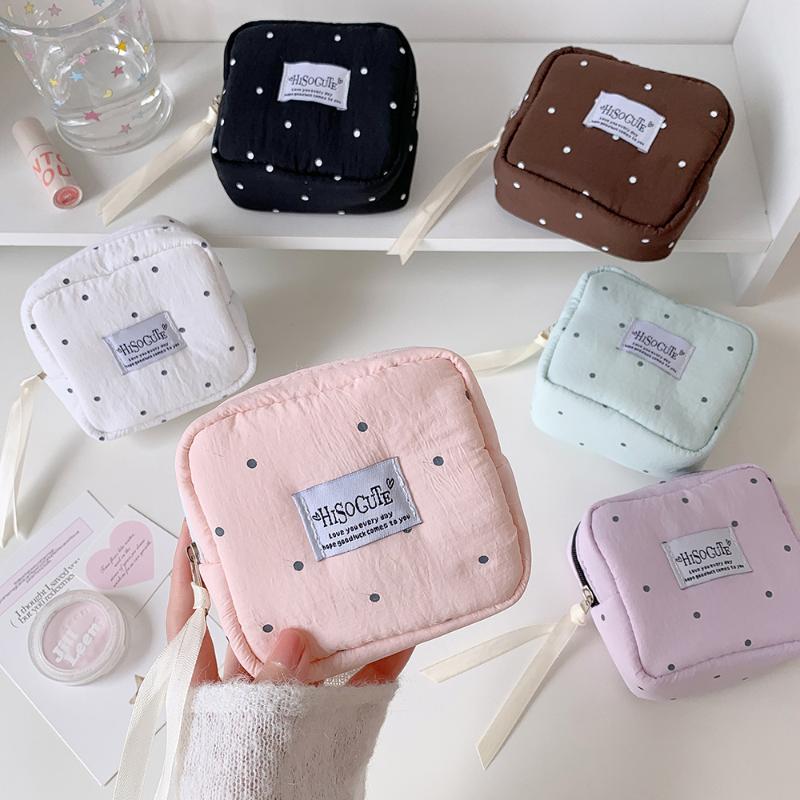 Polka Dot Solid Square Cosmetic Bag Girl Portable Small Lipstick Pouch Student Simple Sanitary Napkin Storage Bag