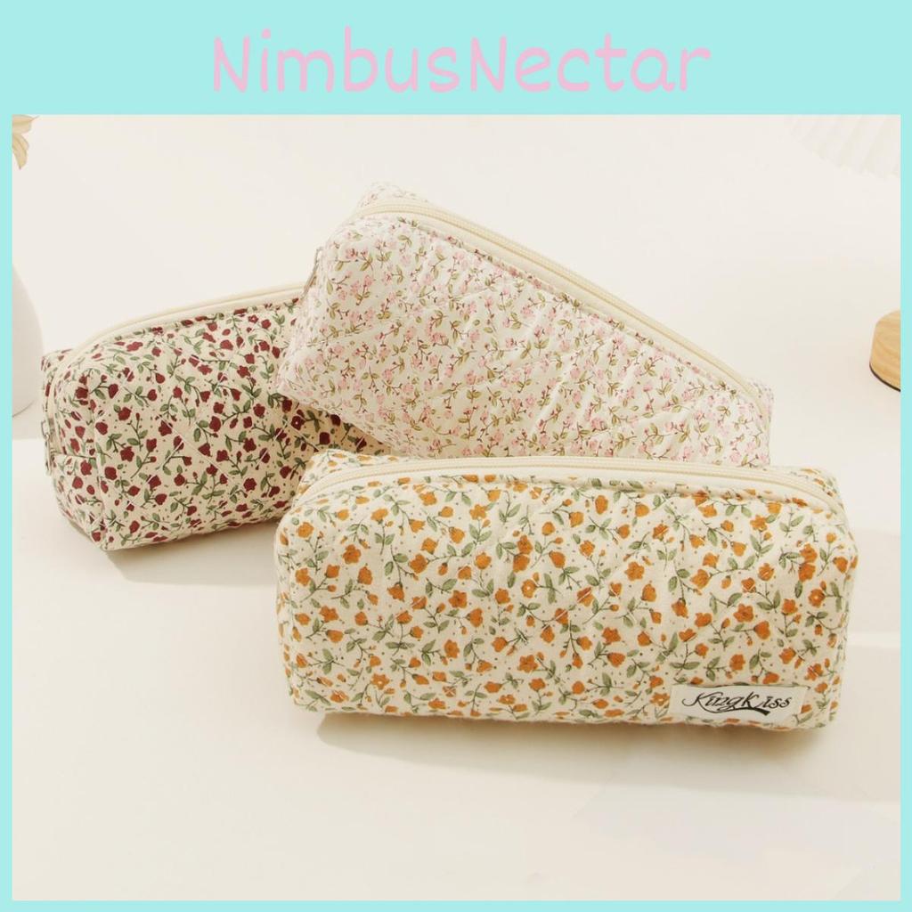 Cute Floral Cotton Pen Pouch Makeup Bag Travel Organizer With Stitching Red/yellow/pink