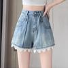 Women's High-Waisted A-line Denim Shorts with Lace Trim
