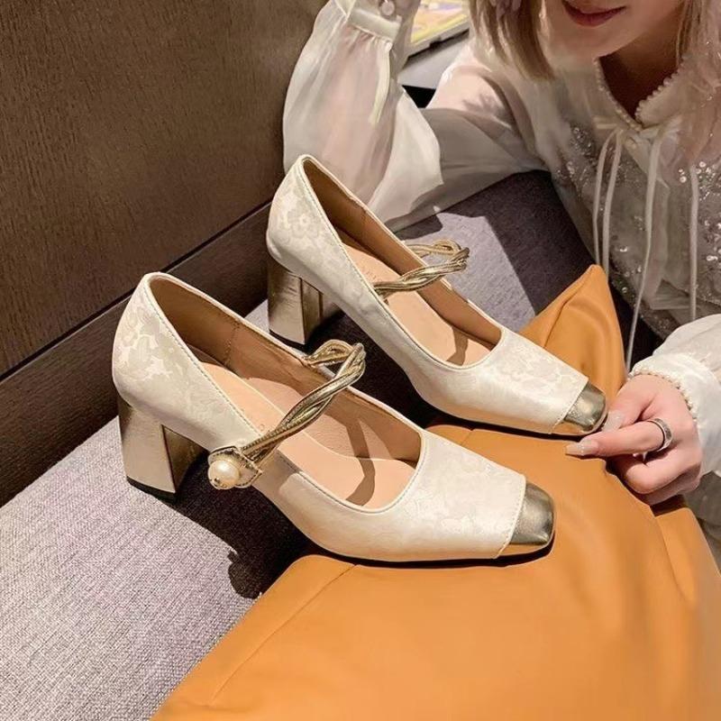 China Mary Jane High Heels Women's Single Shoes One Word with Thick Heels Single Shoes Splicing Single Shoes Women