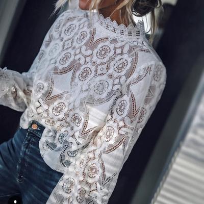 Cuello alto Manga larga Perspectiva Camisa sexy Bordado floral Crochet Encaje Camiseta hueca Parte de arriba ropa informal