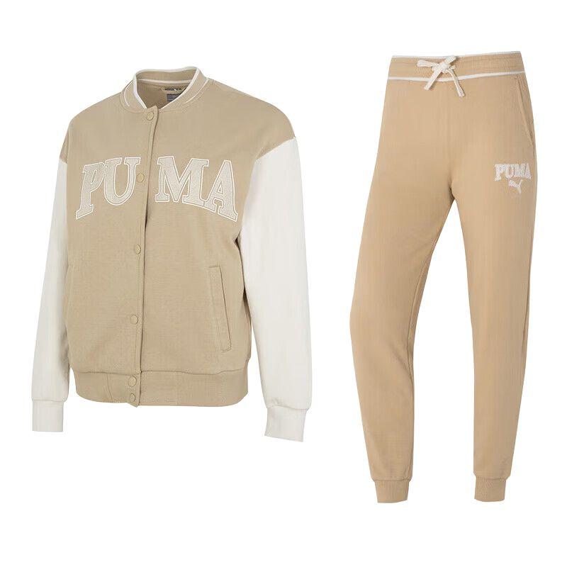 Puma Outdoor Sports Single-Breasted Jacket Knit Cuffed Drawstring Breathable Long Pants Casual Set Women Sets Khaki 682179-83+682178-83