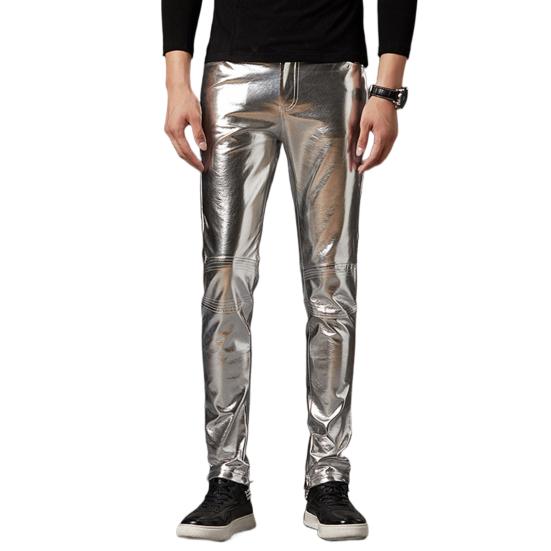 Pantaloni Skinny da Uomo Superficie Lucida Monocolore Chiusura a Zip Vita Media Pantaloni in Ecopelle Vestibilità Slim Pantaloni da Motociclista Streetwear