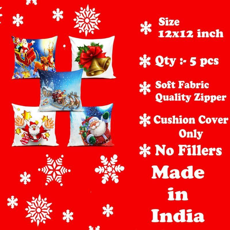 Soft Fabric Designer Decorative Printed Merry Christmas Theme Cushion Cover Xmas Decorations for Sofa Living Room Set of 5 12 X 12 Inch Multi