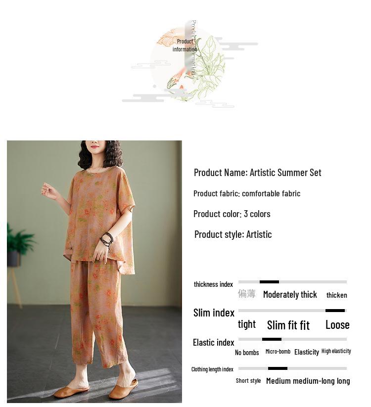 2025 Summer Cotton Linen Floral T-shirt & Harem Pants Set for Women