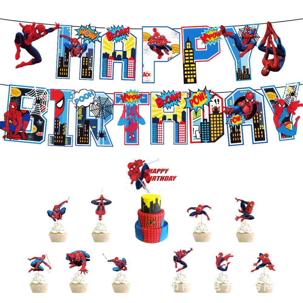 Happy Spiderman Birthday Party Decor Banner Cake Decorations Baby Balloons Kids
