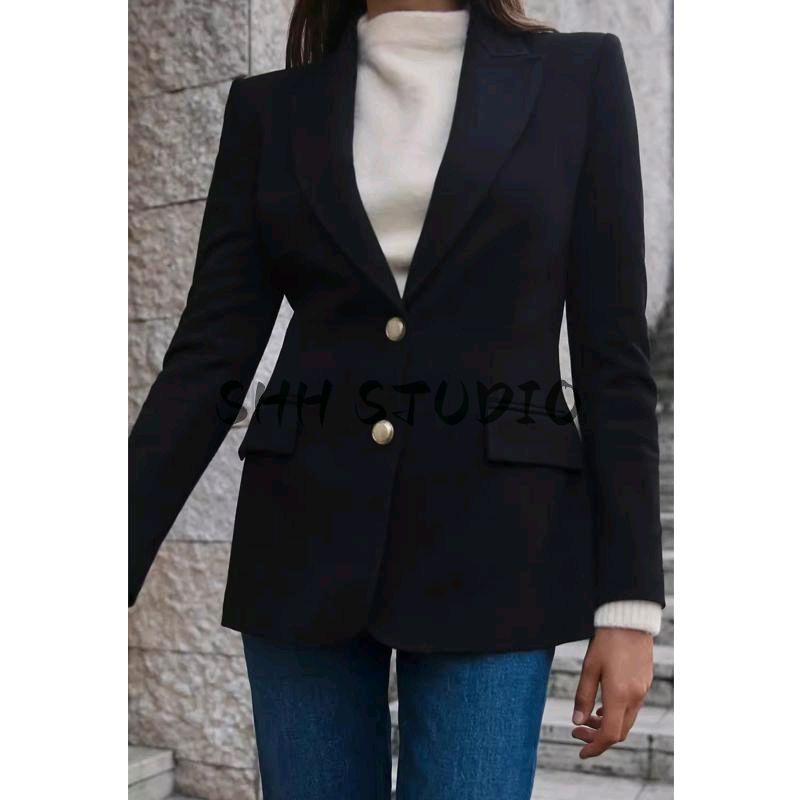 Spring New Women's Clothing Business Style Flip Pocket Decoration Metal Breasted Silm Suit Outwear 8635555