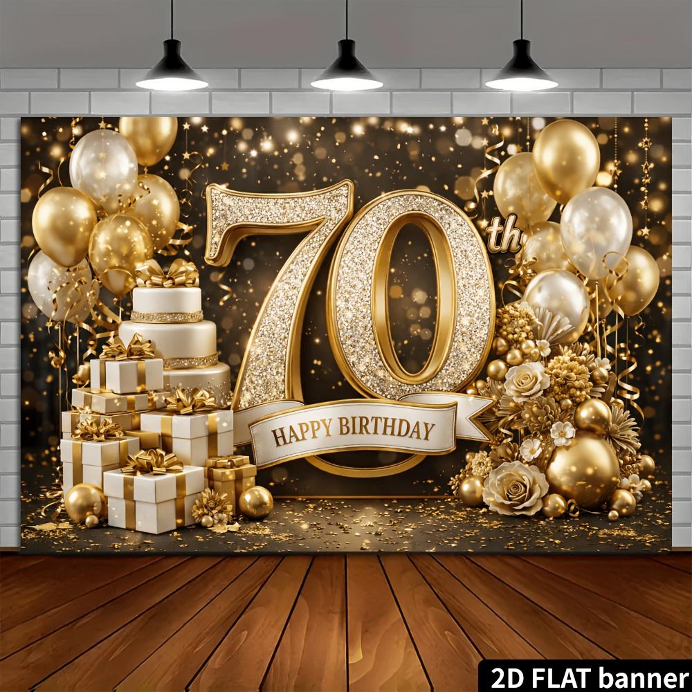 2D Flat 70th Birthday Party Banner Backdrop Black Gold Theme With Gold70 Balloons Birthday Cake Gift Box Decor Elements Made with Durable