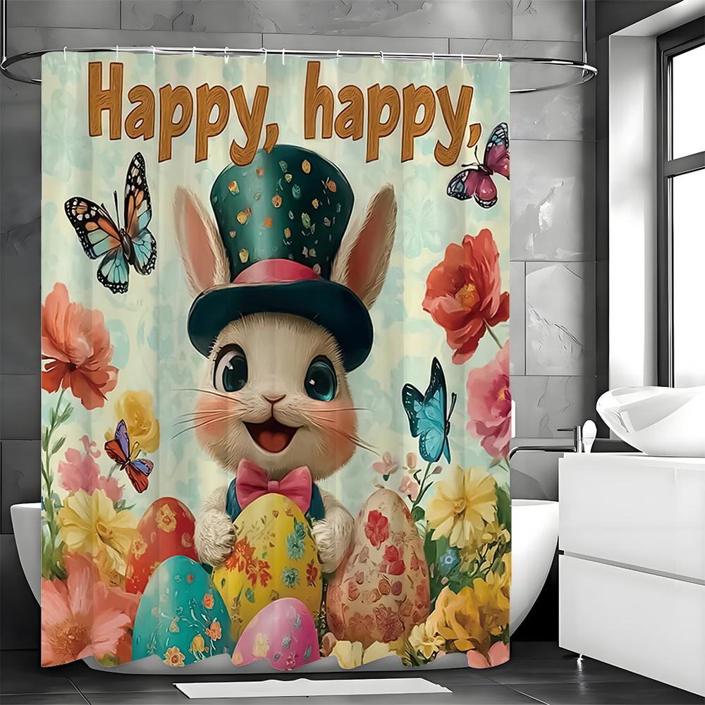 Happy Easter Bunny Eggs Floral Butterfly Shower Curtain, Bathroom Decorative Shower Curtain, Waterproof Shower Curtain with Hook