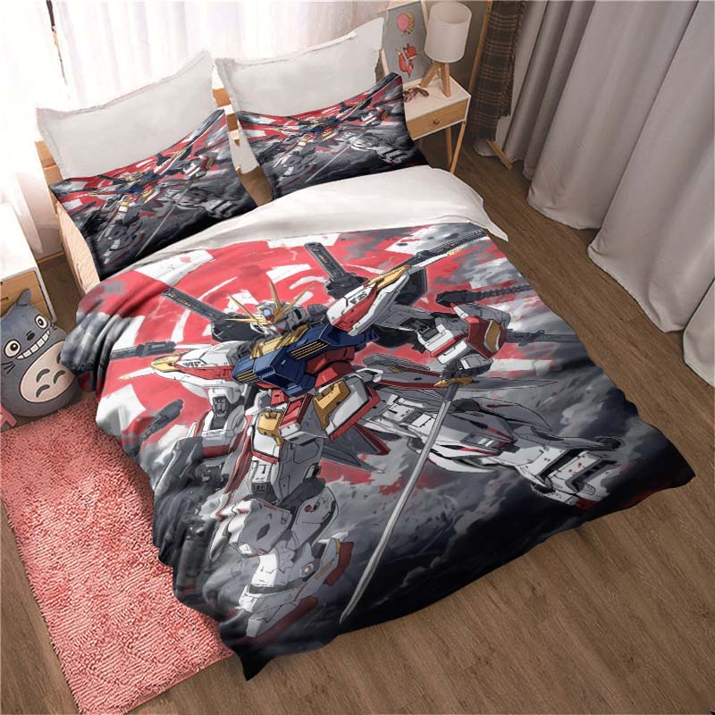 "3D Mobile Suit Gundam" anime-themed comfortable bedding set, including duvet cover, pillowcases, and children's set.