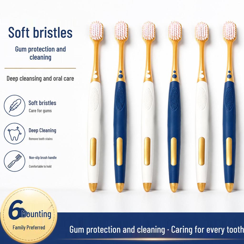 Premium Soft Bristle Toothbrush Set - 6-Pack Family Edition with Wide Head and Fine Bristles for Adults