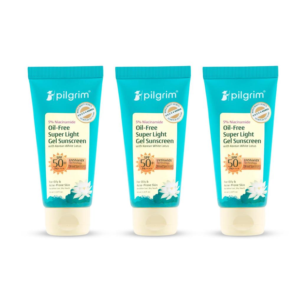 Pilgrim 5% Niacinamide Oil-Free Super Light Gel Sunscreen For Oily Skin SPF 50 PA++++ 45ml (Pack of 3) with Korean White Lotus | No White Cast, Dry
