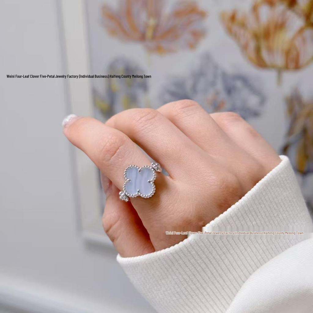 18K Rose Gold Double-Sided Ring: Red and Blue Agate Four-Leaf Clover Flip Design