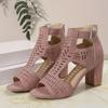 Women's Chunky Heel Peep Toe Cutout Backless High Heel Sandals with Hook & Loop Back Zipper