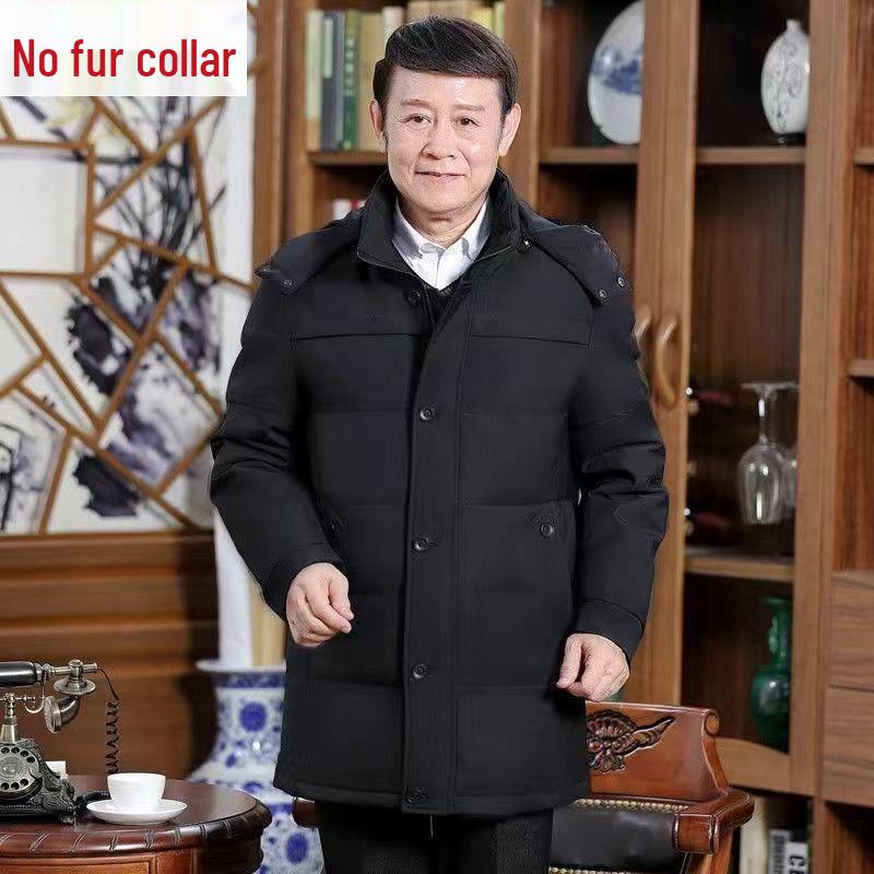 Pánská zimní péřová bunda střední délky s huňatou kapucí a kožíškem – Teplá, volný střih, velká velikost