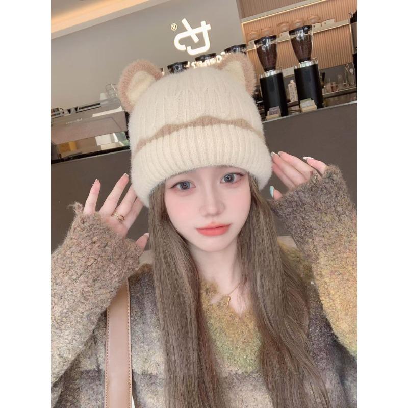 Autumn and Winter New Korean Style Cute Ear Hats for Women Japanese Style Knitted Woolen Hats Large Head Circumference Anti Cold Winter Warm Hats