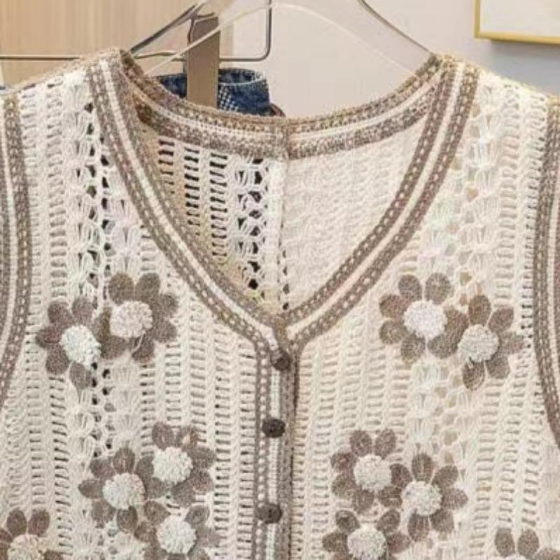 Floral Crochet Waistcoat for Women Sheer Button Front Sleeveless Open-knit Top Teen-girl Summer Boho Vacation Outfit
