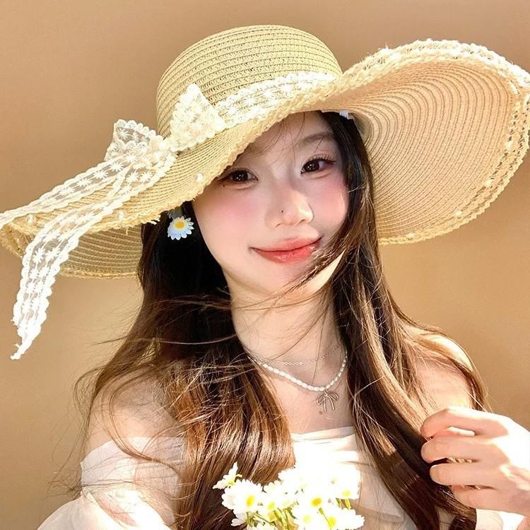 French Lace Bow Summer Wide Brim Hat For Sun Protection Beach Vacation Fans