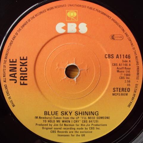 7inch Record JANIE FRICKE - Blue Sky Shining CBSA1146 CBS 1980 UK Folk Used