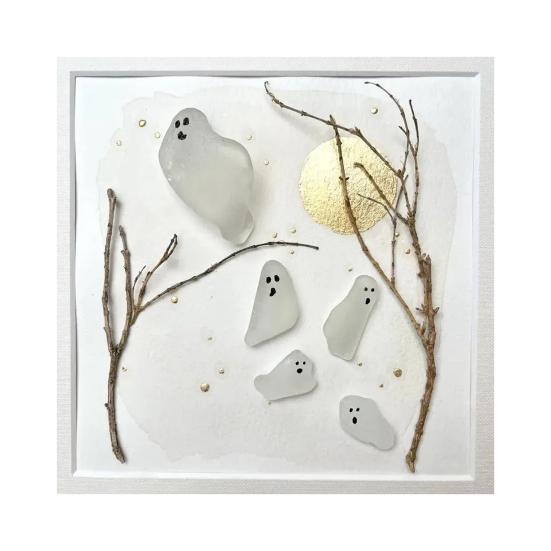 Thrilling Flying Ghost Sea Glass Art Handmade Halloween Mini Ghost Scene Wall Decor Unique Sea Glass Artwork Gift