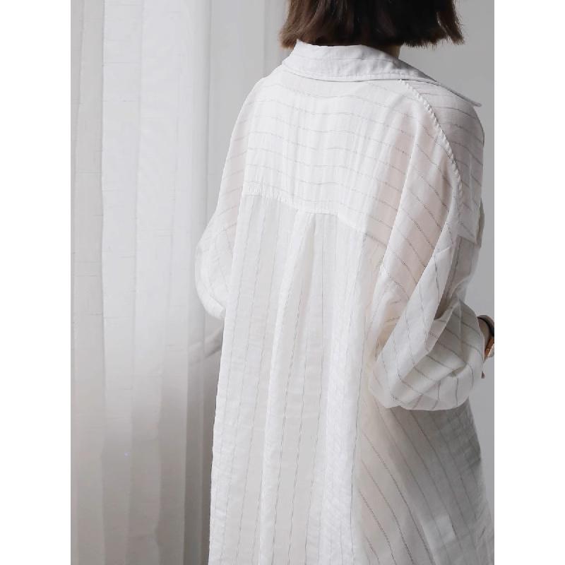 2026 New Loose Sun-Protective Striped Cotton-Linen Long-Sleeve Shirt for Women, Mid-Length Outerwear