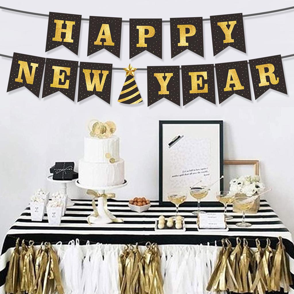 New Year'S Day Theme Party Decoration Banner Black Gold Star Hat Bronzing Flag
