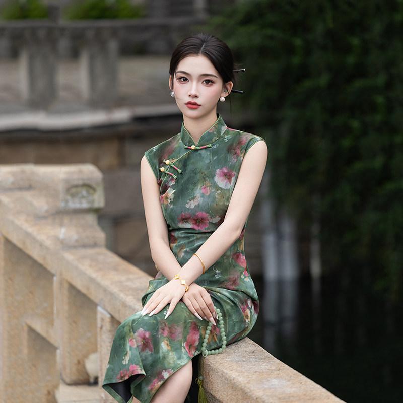 Green sleeveless national style new Chinese daily Suzhou long cheongsam improved young 1011 new women's high sense