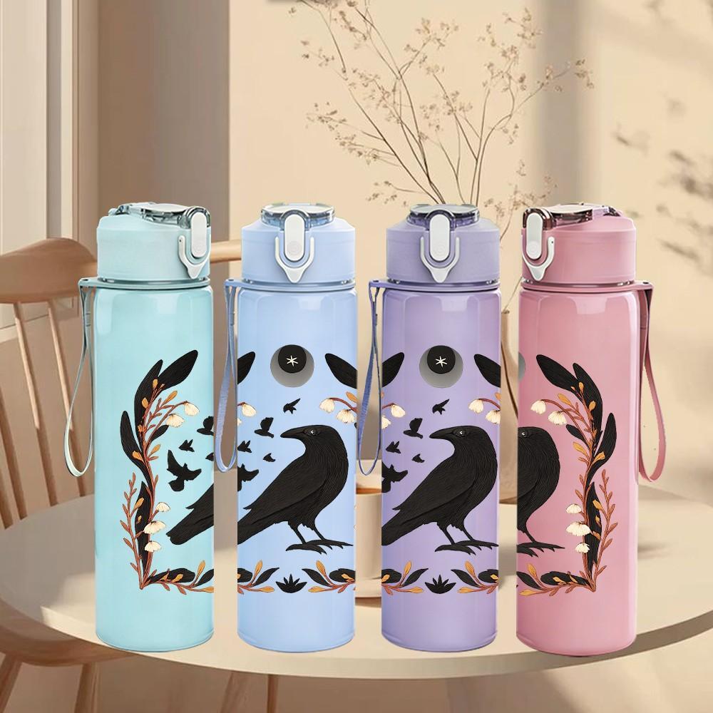 1PC Wreath Crow Bird Art 750ml Color Plastic Sports Water Bottle Leakproof Flip Straw Lid Suitable for Sports Office Home Use