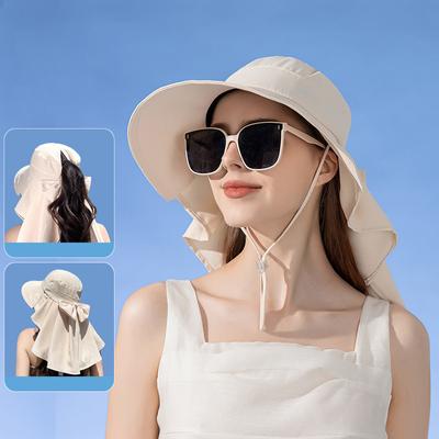 Spring Summer Bow Sun Hat Women's Outdoor Sunscreen Hat with Big Brim Shawl with Peytail Hole Fisherman Hat