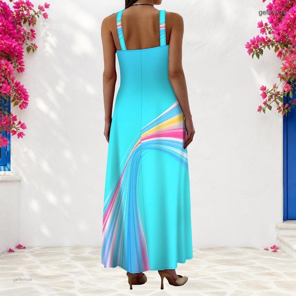 Women Plus Size Scoop Neck Strappy Sleeveless A Line Printed Bright Blue Maxi Dress