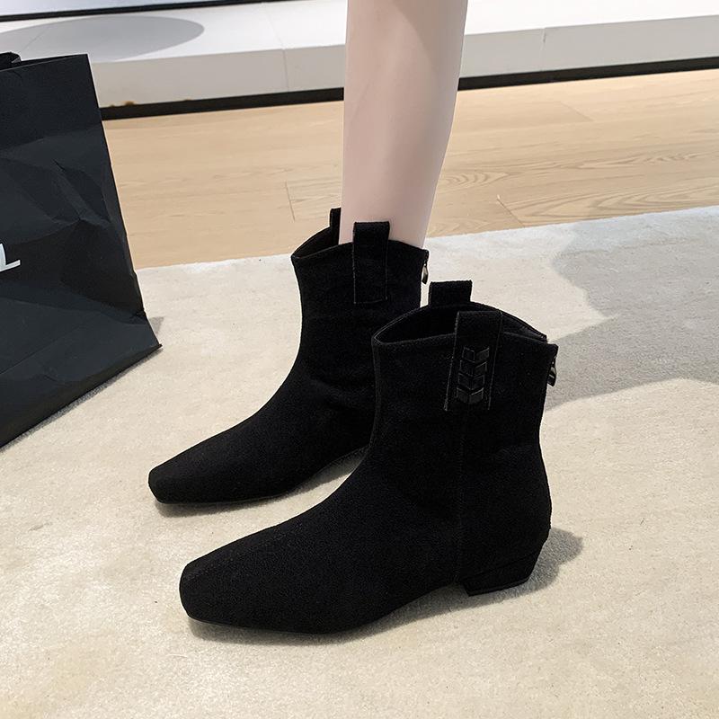 Retro Suede Thin Boots Women's 2025 Autumn New French Square Head Thick Heel Inner Heightening Short Boots Short Elastic Boots