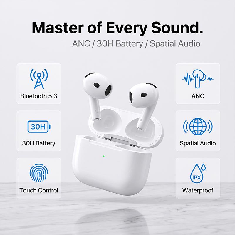 Fourth generation Air 4 Wireless Earbuds Bluetooth 5.3 Advanced ANC Clear Calls Instant Pairing Noise Cancelling Headphones