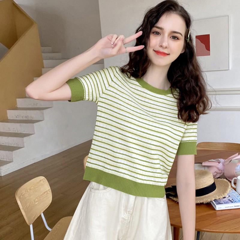Women's Casual O Neck Striped Short Sleeve Slim Knitted T-Shirt