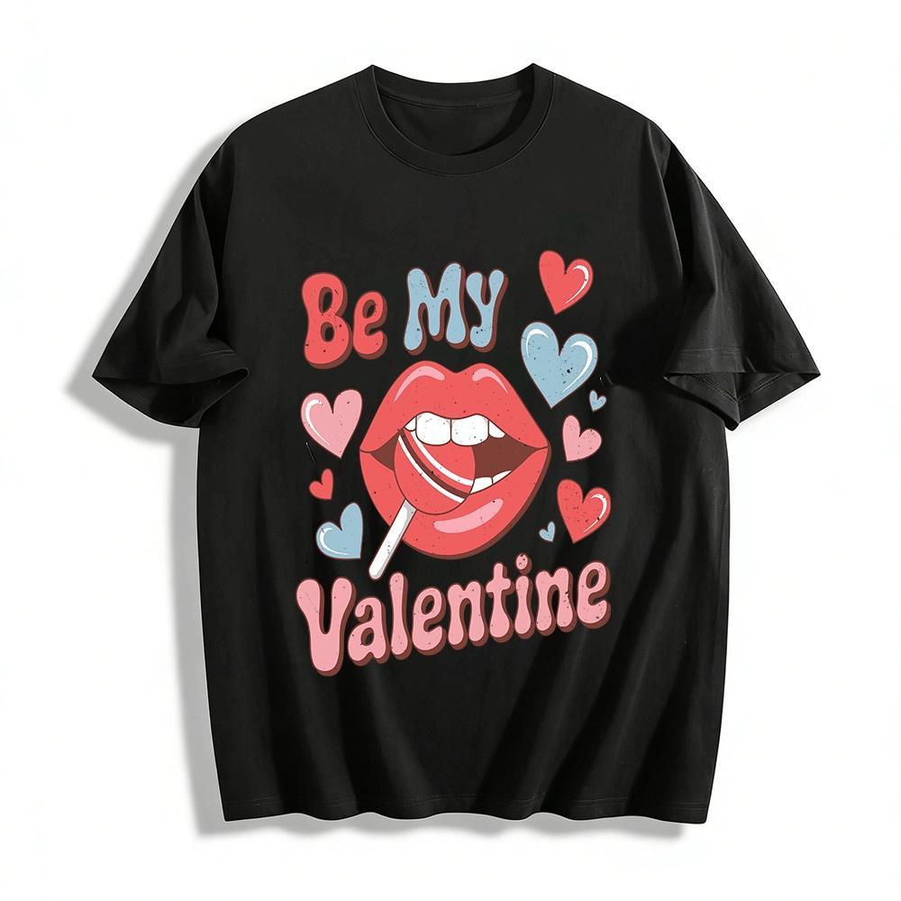 Retro Be My Valentine Heart Lip Print Valentine s Day Casual Tee Pure cotton T-shirt XXS