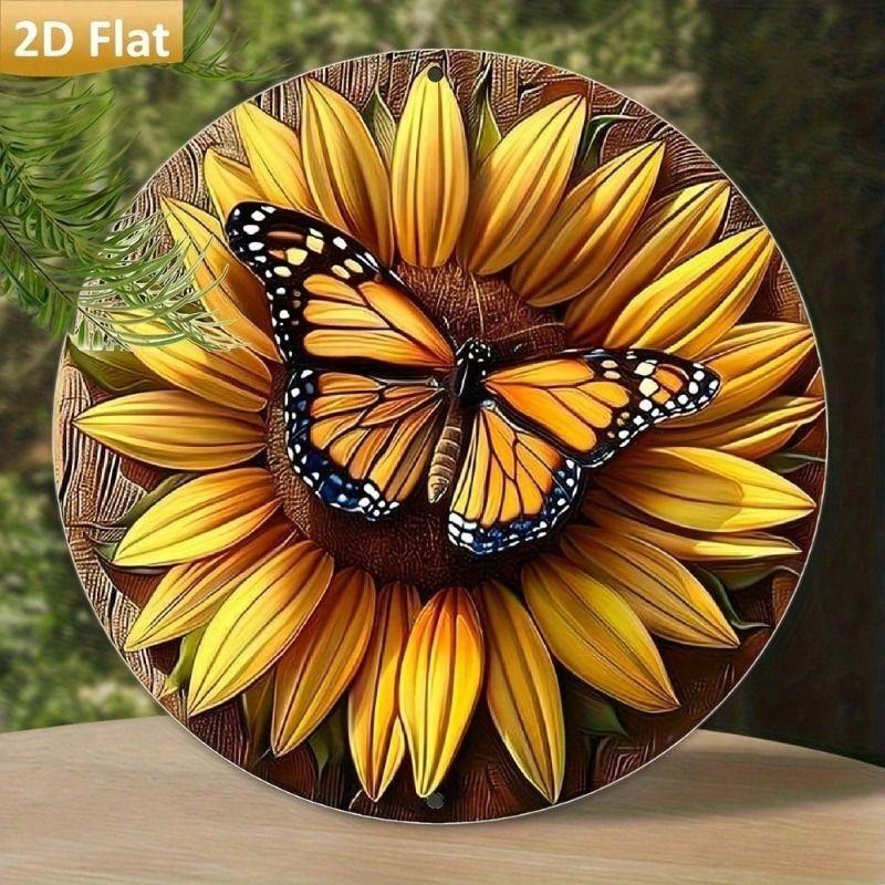 Vintage Sunflower Butterfly Metal Sign Round Wall Art