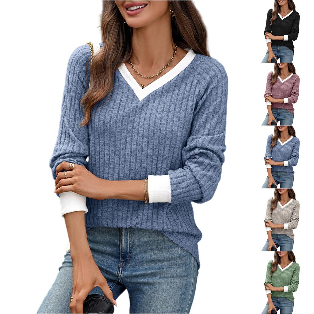 Women's Casual And Fashionable V-neck Contrast Color Long-sleeved Top