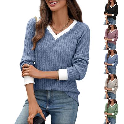 Kadın Günlük ve Moda V Yaka Kontrast Renkli Uzun Kollu Üst