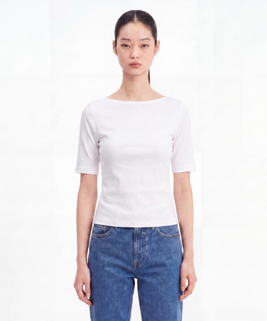 BASIC HOUSE Women'S Modal Spandex Boat Neck Slim Fit Short Sleeve T-Shirt White