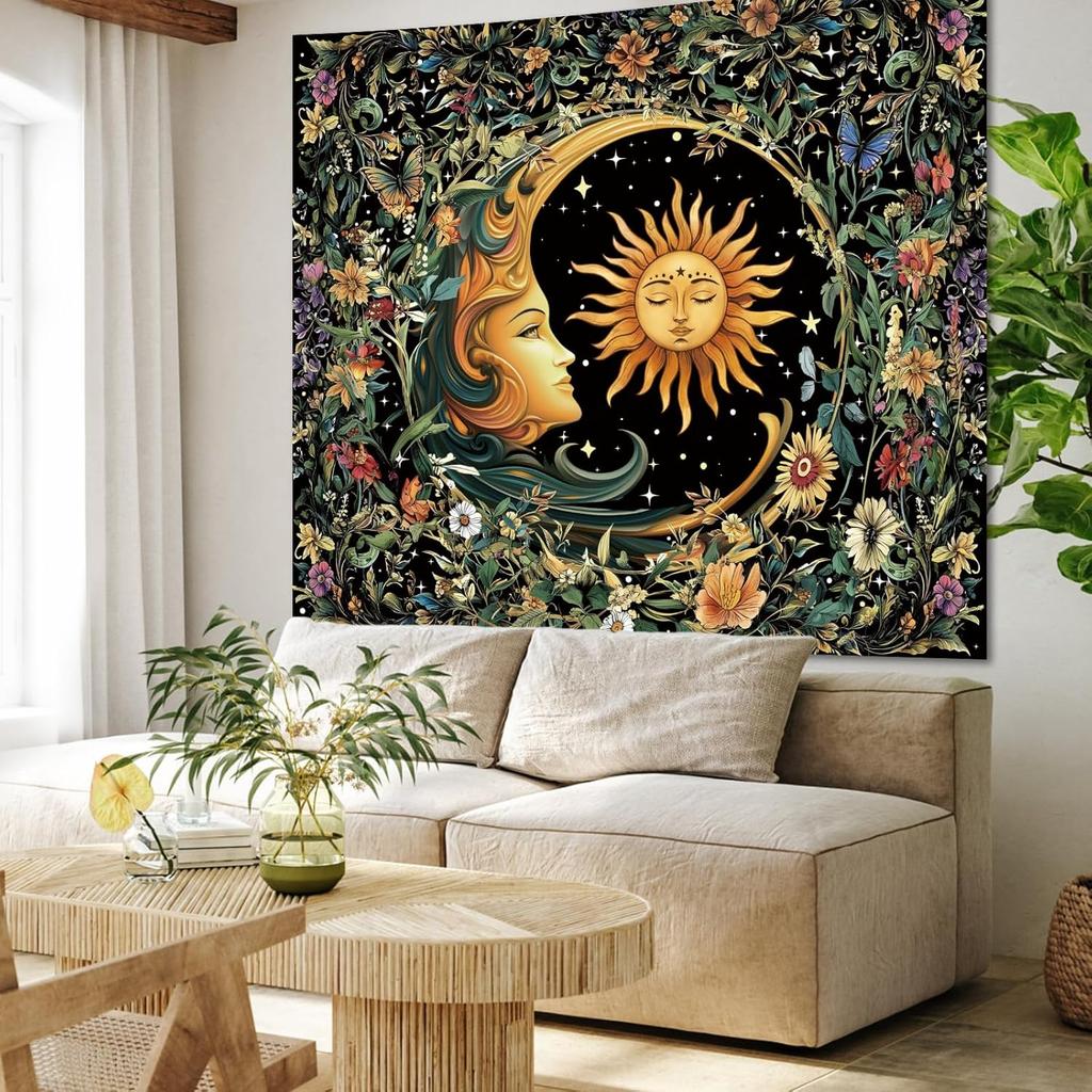Boho Sun and Moon Tapestry Aesthetic for Bedroom, Bohemian Vintage Mandala Mystic Floral Tapestry Wall Hanging Art Decor