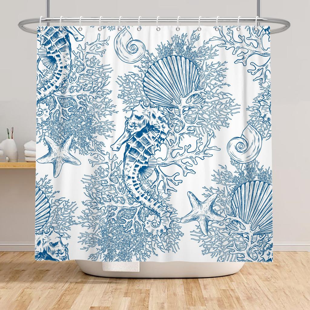 Ocean Theme Shower Curtain Underwater Marine Animal Patterns Sea Turtle Dolphin Whale Jellyfish Print Waterproof Bathroom Decor